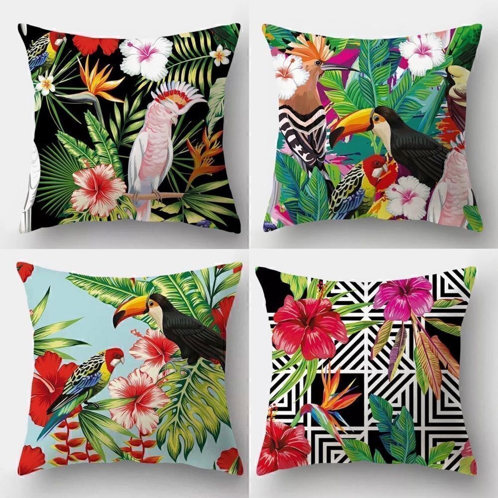 Set of 4 Waterproof Rainforest Jungle Plant Wildlife Throw Pillow Covers